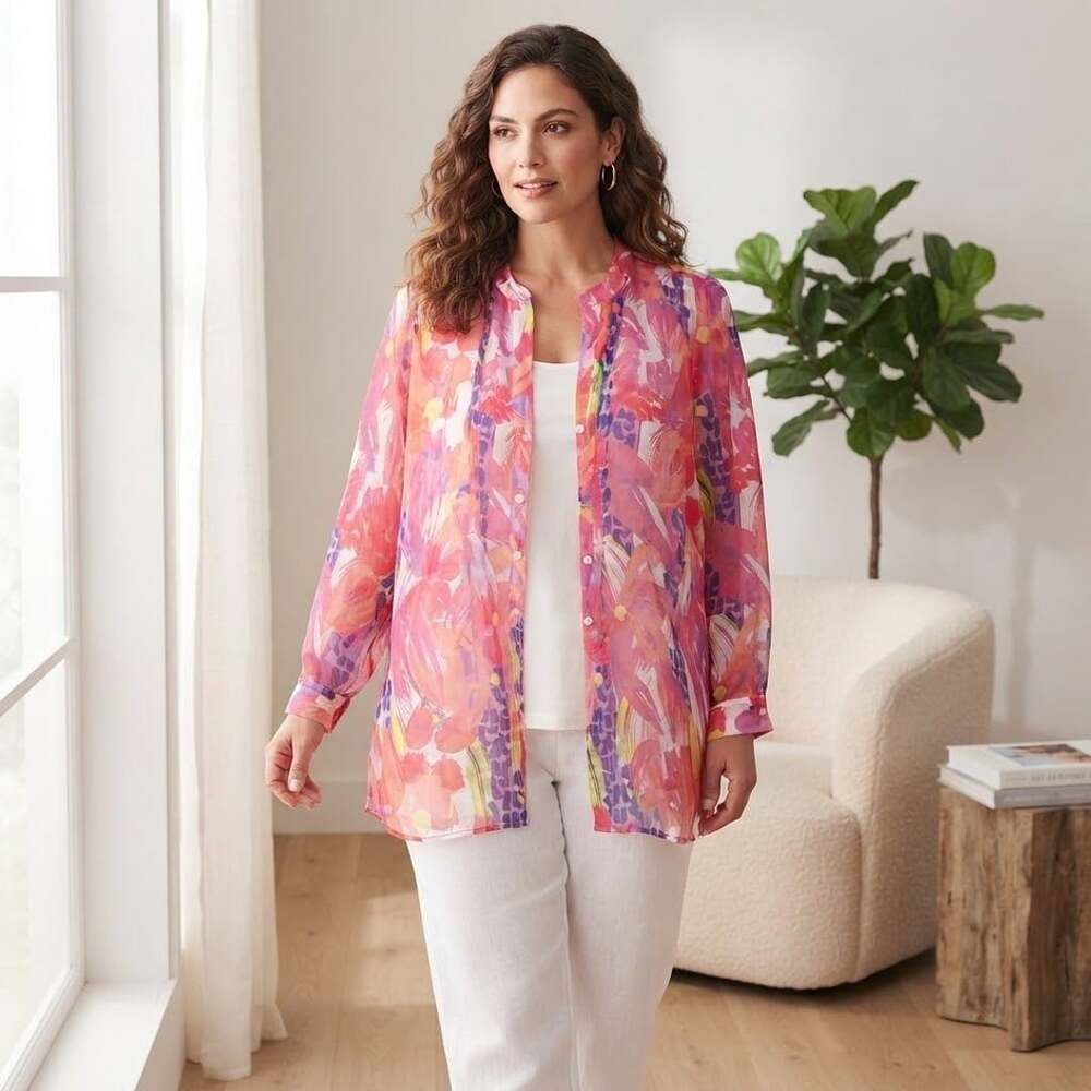 Soft Surroundings Abstract Floral Button-Front Top, Size 2X